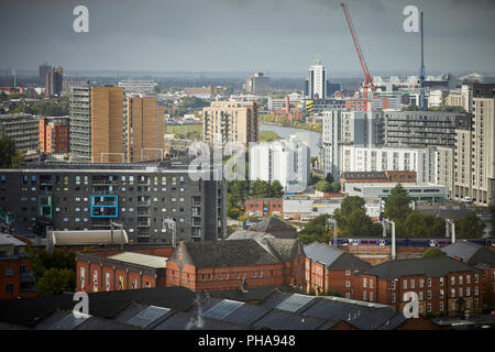 Castlefield skyline in Manchester city centre looking out to Trafford and Potato Wharf in the forefront Stock Photo