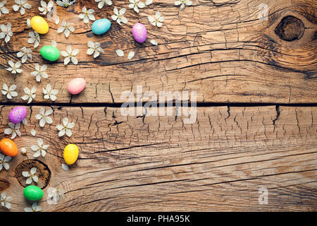 Easter Background with Blossom and Eggs on Wooden Table Stock Photo