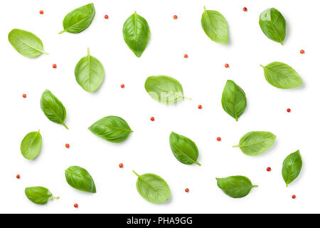Basil Leaves with Red Peppercorns Isolated on White Background Stock Photo
