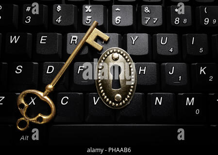 Key and lock on computer keyboard Stock Photo
