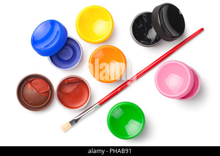 Gouache Color Paints with Paint Brush Isolated on White Background Stock Photo