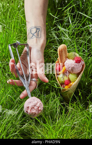 Fruit ice cream in waffle cone Stock Photo