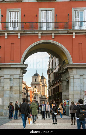 Gate to the Plaza Mayor with a view to Calle de Toledo and San Isidro Church, Madrid. Spain Stock Photo