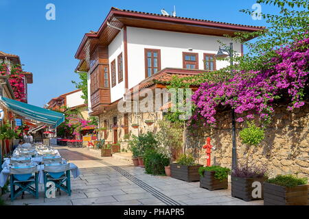 Blooming flowers at Kaleici old town streets, Antalya, Turkey Stock Photo