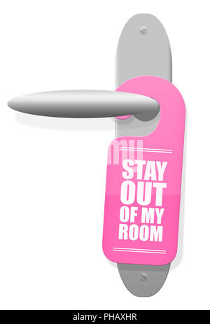 STAY OUT OF MY ROOM - pink sign hanging on door handle of a girls room - illustration on white background. Stock Photo