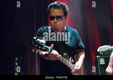 Norway, Oslo - August 30, 2018. The American rock band Los Lobos performs a live concert at Cosmopolite in Oslo. Here singer and guitarist Cesar Rosas is seen live on stage. (Photo credit: Gonzales Photo - Per-Otto Oppi). Credit: Gonzales Photo/Alamy Live News Stock Photo