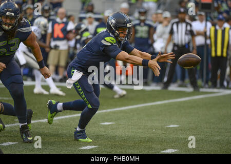 Seattle, Washington, USA. 30th Aug, 2018. Seattle quarterback AUSTIN DAVIS (6) in action as the Oakland Raiders play the Seattle Seahawks in a preseason NFL game at Century Link Field in Seattle, WA. Credit: Jeff Halstead/ZUMA Wire/Alamy Live News Stock Photo