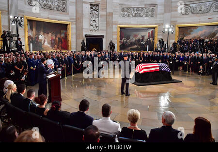 Speaker of the House Paul Ryan, R-WI, delivers remarks at the memorial service for Sen. John McCain, R-Ariz., in the Capitol Rotunda where he will lie in state at the U.S. Capitol, in Washington, DC on Friday, August 31, 2018. McCain, an Arizona Republican, presidential candidate, and war hero, died August 25th at the age of 81. He is the 31st person to lie in state at the Capitol in 166 years. Photo Ken Cedeno/UPI | usage worldwide Stock Photo