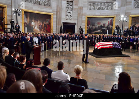 Vice President Mike Pence delivers remarks at the memorial service for Sen. John McCain, R-Ariz., in the Capitol Rotunda where he will lie in state at the U.S. Capitol, in Washington, DC on Friday, August 31, 2018. McCain, an Arizona Republican, presidential candidate, and war hero, died August 25th at the age of 81. He is the 31st person to lie in state at the Capitol in 166 years. Photo Ken Cedeno/UPI | usage worldwide