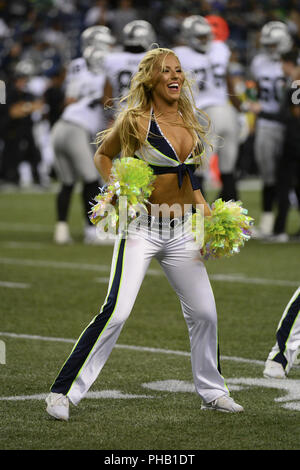 Seattle, Washington, USA. 30th Aug, 2018. The SEAGALS perform during a time out as the Oakland Raiders play the Seattle Seahawks in a preseason NFL game at Century Link Field in Seattle, WA. Credit: Jeff Halstead/ZUMA Wire/Alamy Live News Stock Photo