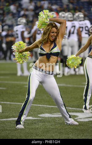 Seattle, Washington, USA. 30th Aug, 2018. The SEAGALS perform during a time out as the Oakland Raiders play the Seattle Seahawks in a preseason NFL game at Century Link Field in Seattle, WA. Credit: Jeff Halstead/ZUMA Wire/Alamy Live News Stock Photo