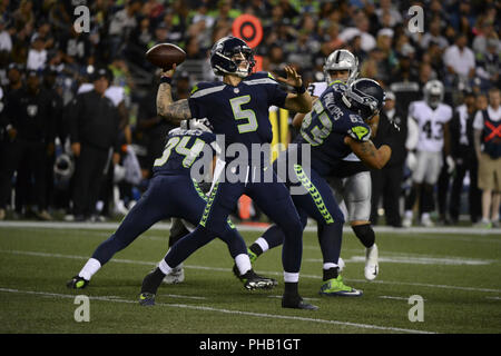 Seattle, Washington, USA. 30th Aug, 2018. Seattle quarterback ALEX MCGOUGH (5) in action as the Oakland Raiders play the Seattle Seahawks in a preseason NFL game at Century Link Field in Seattle, WA. Credit: Jeff Halstead/ZUMA Wire/Alamy Live News Stock Photo