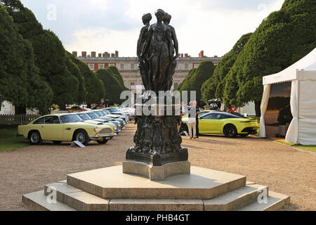 Aston Martins at trade stand, Concours of Elegance 2018 (Preview Day), 31 August 2018. Hampton Court Palace, London, UK, Europe. The world's rarest cars assembled for a three-day classic and supercar event in the gardens of the famous Royal Palace. Credit Ian Bottle/Alamy Live News Stock Photo