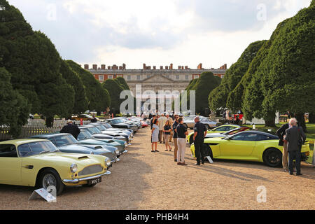 Aston Martins at trade stand, Concours of Elegance 2018 (Preview Day), 31 August 2018. Hampton Court Palace, London, UK, Europe. The world's rarest cars assembled for a three-day classic and supercar event in the gardens of the famous Royal Palace. Credit Ian Bottle/Alamy Live News Stock Photo