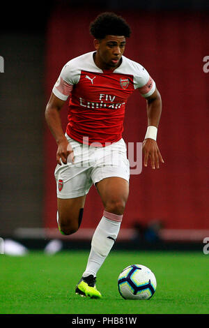 London, UK. 31st August 2018. Xavier Amaechi of Arsenal in action. PL2 match,  Arsenal U23's v Tottenham Hotspur U23's at the Emirates Stadium in London on Friday 31st August  2018.  this image may only be used for Editorial purposes. Editorial use only, license required for commercial use. No use in betting, games or a single club/league/player publications. pic by Steffan Bowen/Andrew Orchard sports photography/Alamy Live news Stock Photo