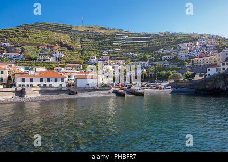 View of colourful houses overlooking harbour in Camara de Lobos, Madeira, Portugal, Atlantic, Europe Stock Photo