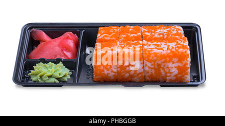 Set of California rolls in a black 'take away' container on a white background side view Stock Photo