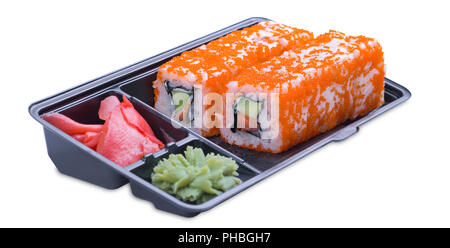Set of California rolls in a black 'take away' container on a white background side view Stock Photo