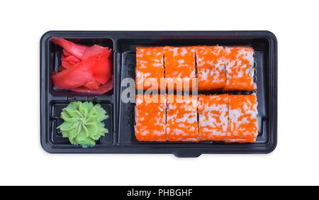 Set of California rolls in a black 'take away' container on a white background top view Stock Photo