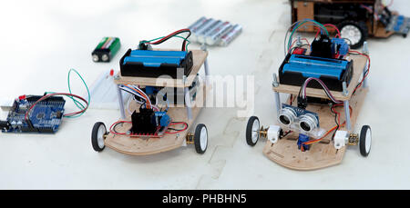 Electronic component connected with breadboard in laboratory. electrical engineering with cables and controller. Modern technologies, electronics, diy Stock Photo
