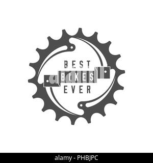 Best Bikes Ever Emblem. Design Element for Bike Shop or Advertising Banner. Chainring and Ribbon, Monochrome Illustration. Stock Photo