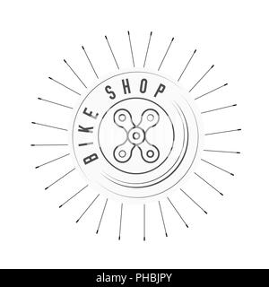 Bicycle Shop, Bikes Emblem. X Sign Made of Bicycle Chain. Monochrome Illustration. Bicycle Spokes Background. Stock Photo