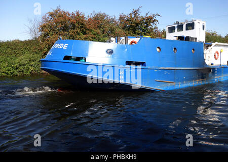 60m long Oil tanker Exol Pride on the way from Rotherham to Goole and Hull past the Strawberry Island Boat Club Canal in Doncaster Stock Photo