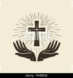 Christianity symbol of Jesus Christ. Cross, worship logo. Vintage vector illustration Stock Vector
