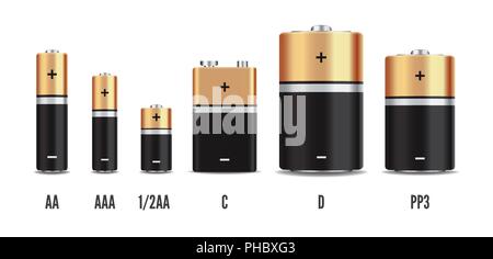 Vector gold and black realistic alkaline battery set, diffrent size isolated on white background. Stock Vector