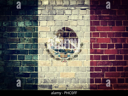 Mexico grunge flag on brick wall with ivy plant sun haze view, country ...