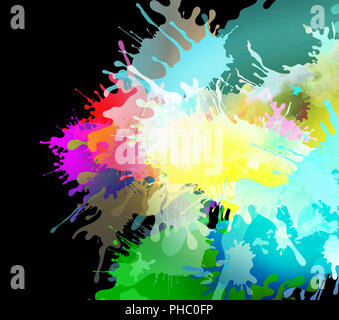 paint pattern and splatter background with paint runs on black Stock Photo