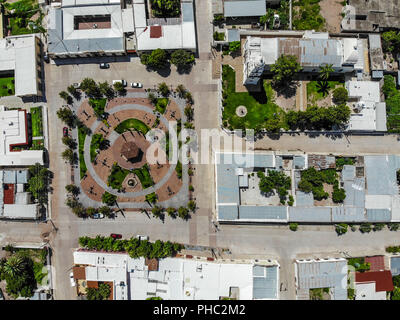 Vista aérea del pueblo de Banamichi, Sonora, Mexico. Paisaje Rural , plaza y kiosco e iglecia... Aerial view of the town of Banamichi, Sonora, Mexico. Stock Photo