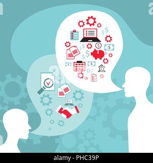 Two people surrounded by speech bubbles, gears, arrows and icons Stock Vector