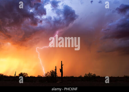 Arizona desert landscape at sunset with lightning, dramatic storm clouds, and colorful sky Stock Photo