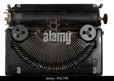 vintage portable typewriter with Cyrillic letters on white Stock Photo