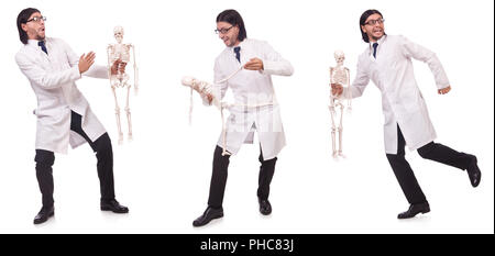 The funny teacher with skeleton isolated on white Stock Photo