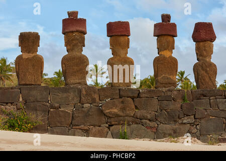 Ahu Nau Nau, Anakana, Easter Island, Rapa Nui, Chile, Isla de Pascua Stock Photo