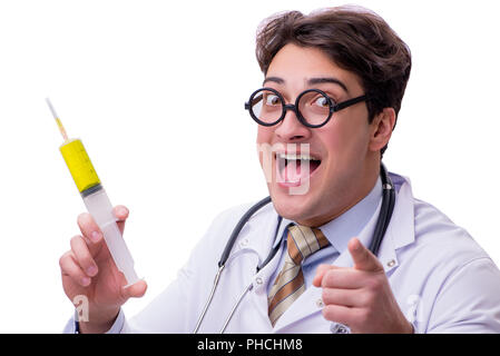 The funny doctor with syringe isolated on white Stock Photo