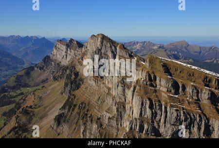 Churfirsten range seen from mount Chaeserrugg. Visible rock layers. Stock Photo