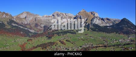 Alpstein range and Toggenburg valley seen from Chaeserrugg. Stock Photo