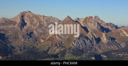 Mountains of the Alpstein range seen from Chaeserrugg. Stock Photo