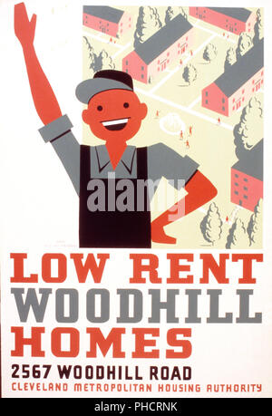 Poster for Cleveland Metropolitan Housing Authority promoting low income housing, showing a construction worker waving with houses in the background. Stock Photo