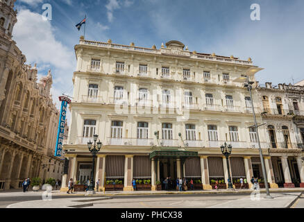 Historic Old Havana hotel with Colonial architecture  dating from 1875, located opposite Parque Central near Gran Teatro de La Habana. Stock Photo