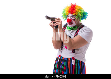 Funny clown with a gun pistol isolated on white background Stock Photo
