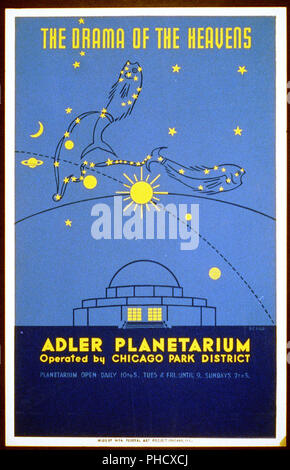 Poster shows stars, planets, and constellations over a planetarium building. Stock Photo