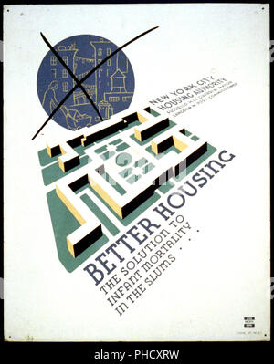 Poster promoting better housing as a solution for high rates of infant mortality in the slums, showing a planned housing community and in the background a crossed-out telescopic view of tenement housing. Stock Photo
