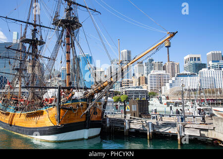 Replica of James Cook ship HMS Bark Endeavour at the Australian national maritime museum in Darling Harbour,Sydney,Australia Stock Photo