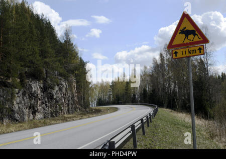 elk sign at the road in Finland Stock Photo
