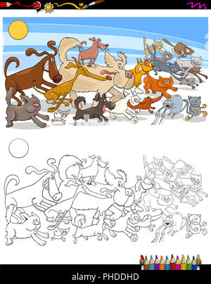 running dogs and cats characters color book Stock Photo