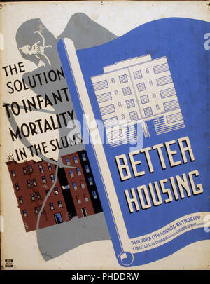 Poster promoting better housing as a solution for high rates of infant mortality in the slums, showing a blueprint of new housing next to existing tenement buildings over which stands the figure of Death. Stock Photo